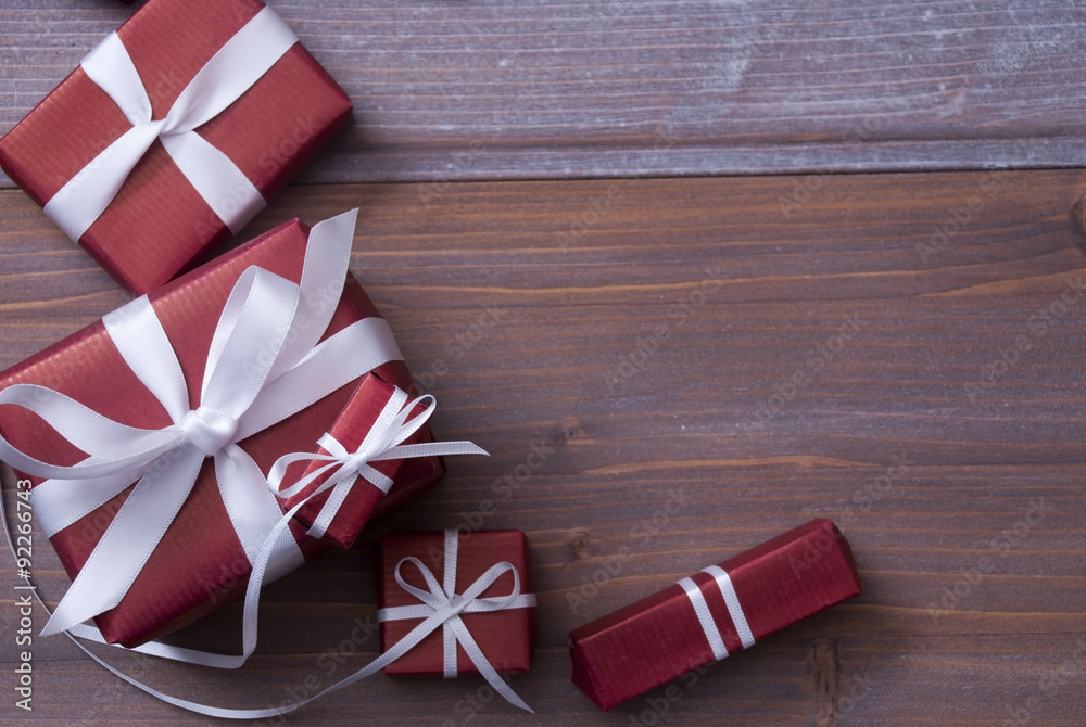Fototapeta premium Red Christmas Gifts, Presents, White Ribbon, Copy Space