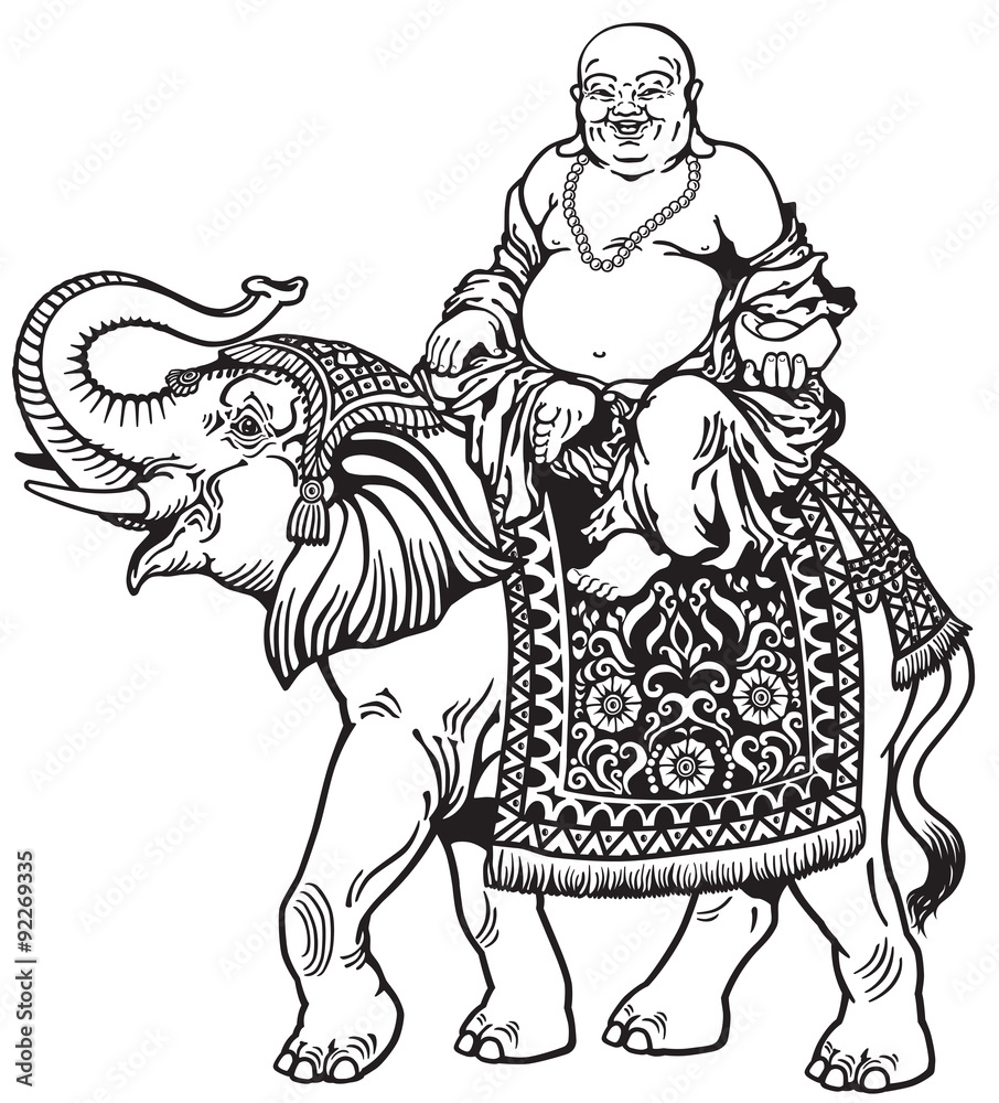 Fototapeta premium lucky buddha riding elephant, black and white side view image