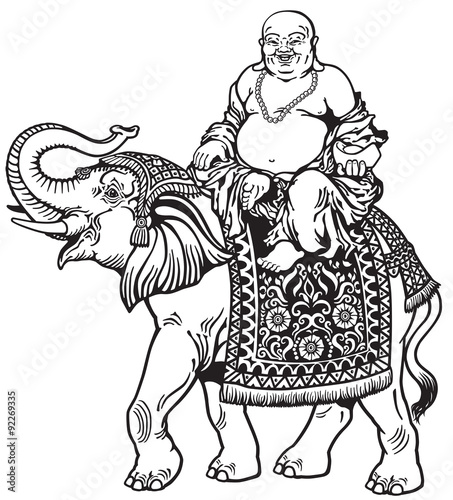 lucky buddha riding elephant, black and white side view image