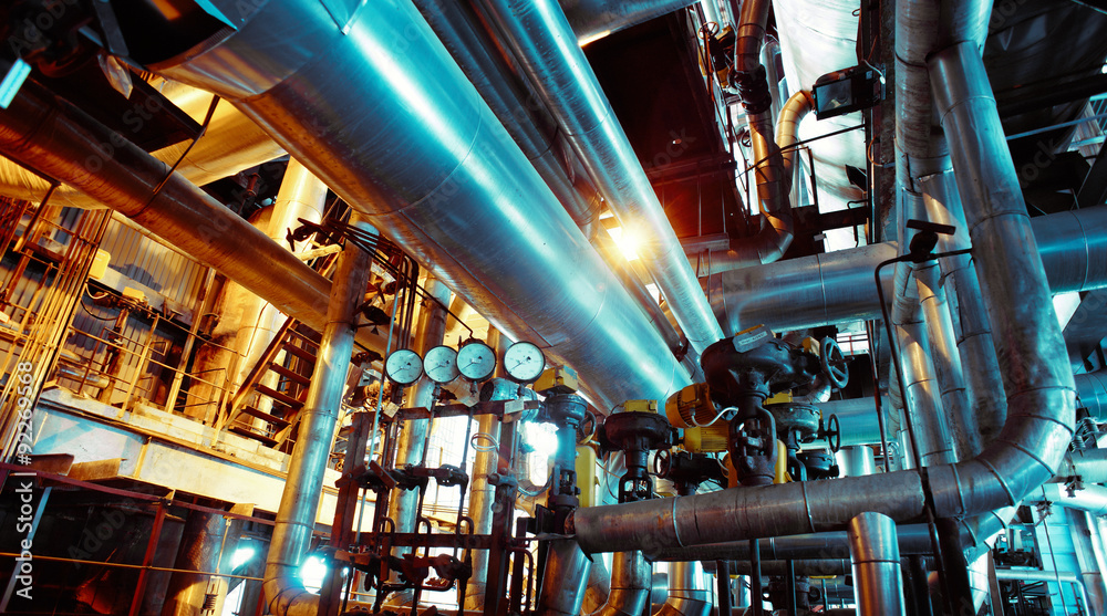 Industrial zone, Steel pipelines in blue tones Industrial zone, Steel pipelines in blue tones