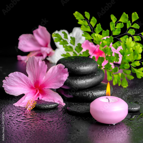 beautiful spa concept of pink hibiscus flowers  fern branch  can