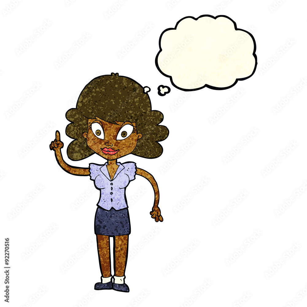 cartoon happy woman with idea with thought bubble cartoon happy woman with idea with thought bubble