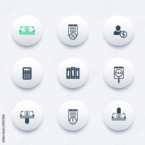 Bookkeeping, payroll, tax round icons, vector, eps10