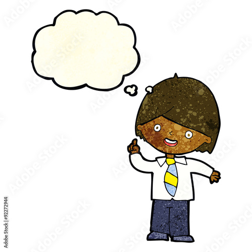 cartoon school boy answering question with thought bubble