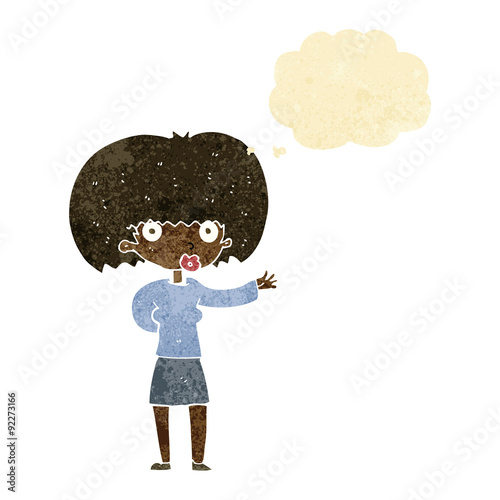 cartoon woman gesturing with thought bubble