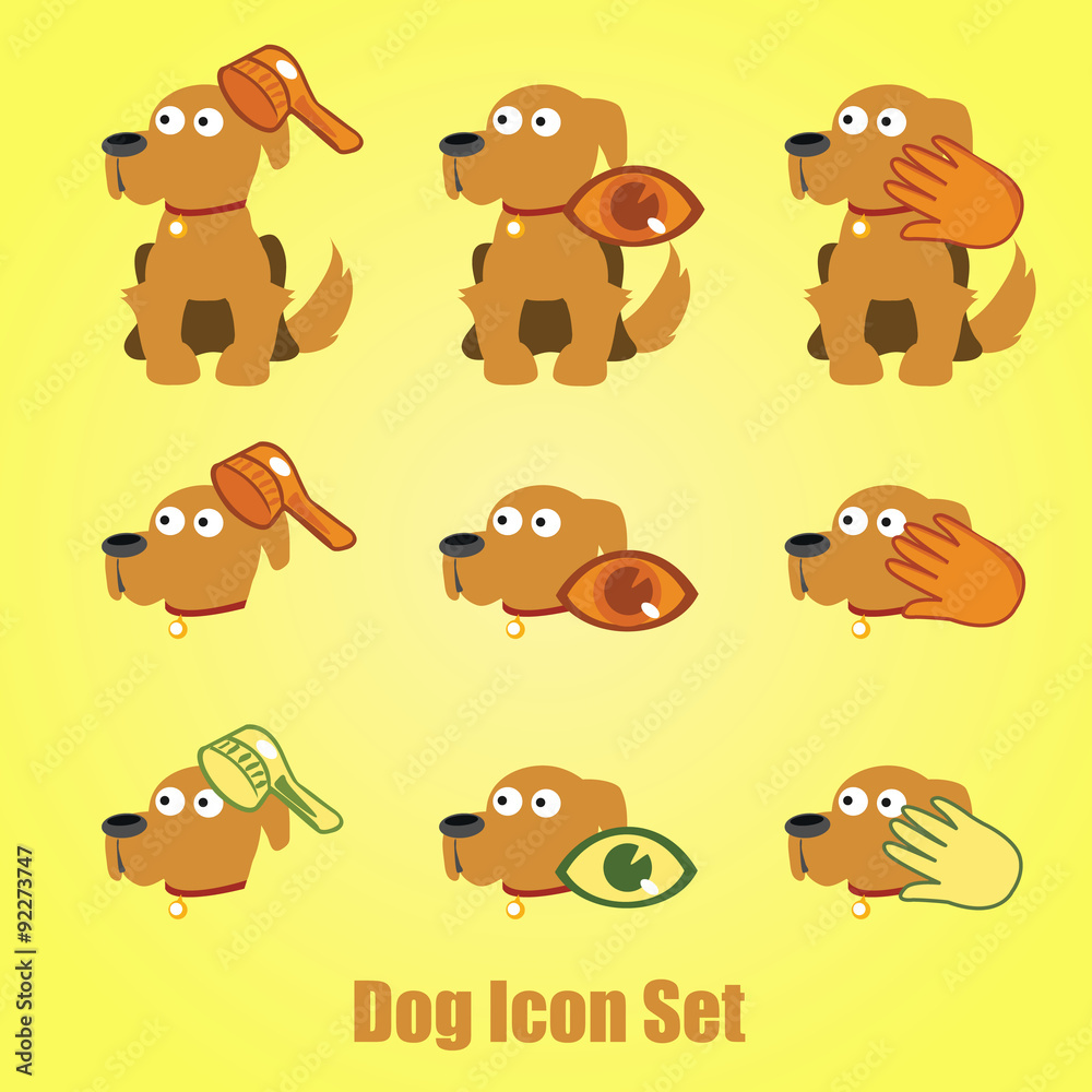 Fototapeta premium Dog icon set on a yellow background, care of dog