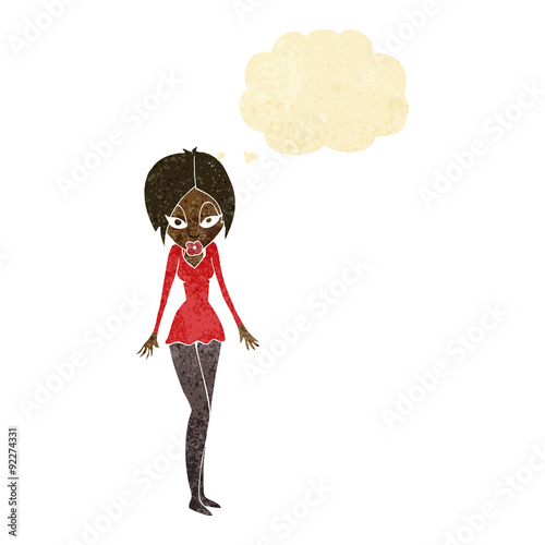 cartoon woman in short dress with thought bubble