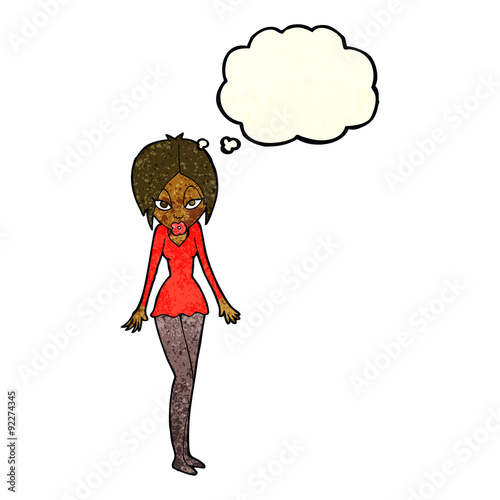 cartoon woman in short dress with thought bubble
