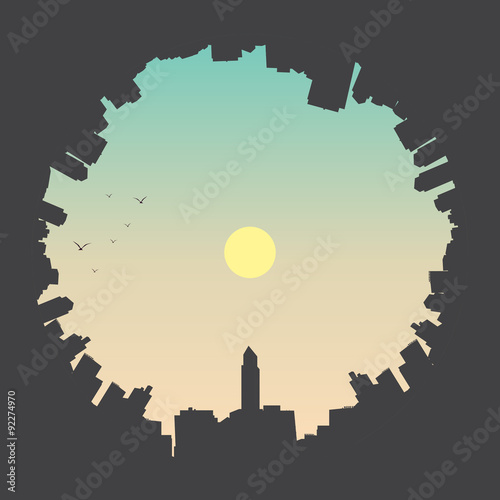 Cityscape Fish Eye View with Net - Vector Illustration