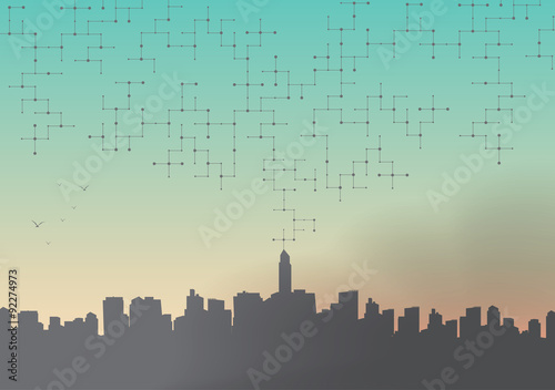 City Skyline with Net of Connected Lines and Dots - Vector Illustration