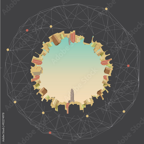 Cityscape Fish Eye View with Net - Vector Illustration
