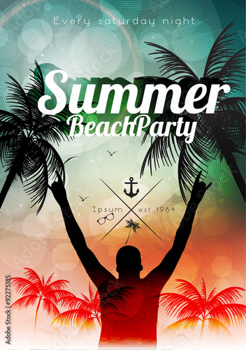 Summer Beach Party Flyer Design with Palmtrees - Vector Illustration