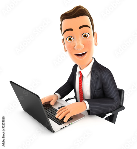 3d businessman works on laptop