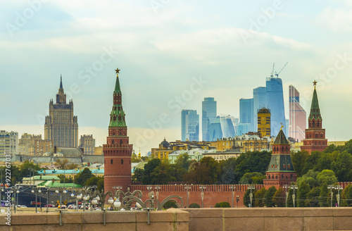 Панорама города Москвы, Кремль, здание Министерства иностранных дел РФ, деловой центр Москва-Сити, Москва