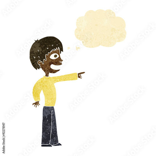cartoon grinning boy pointing with thought bubble
