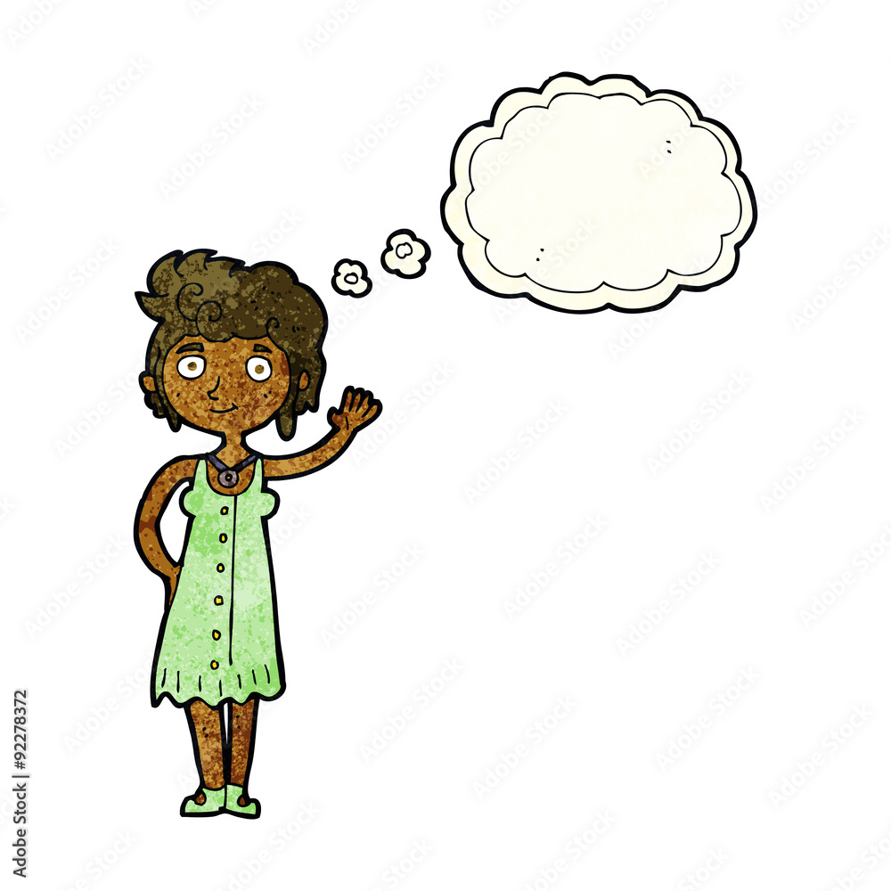 cartoon hippie woman waving with thought bubble cartoon hippie woman waving with thought bubble