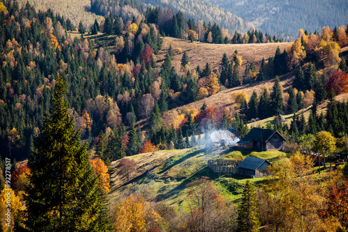 Small village in autumn Carpathian mountains