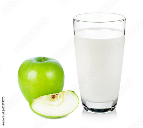 glass of milk and green apple isolated on white background