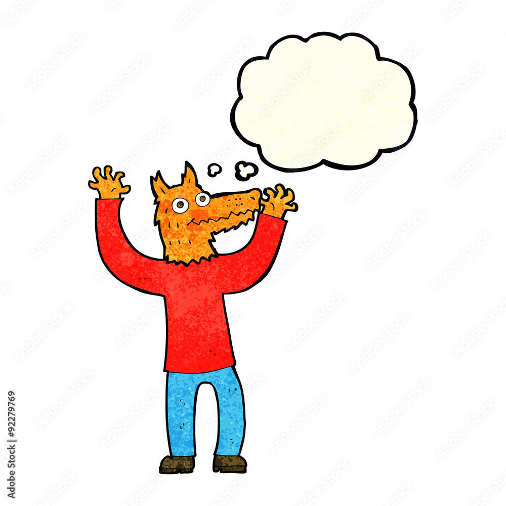 cartoon fox man with thought bubble