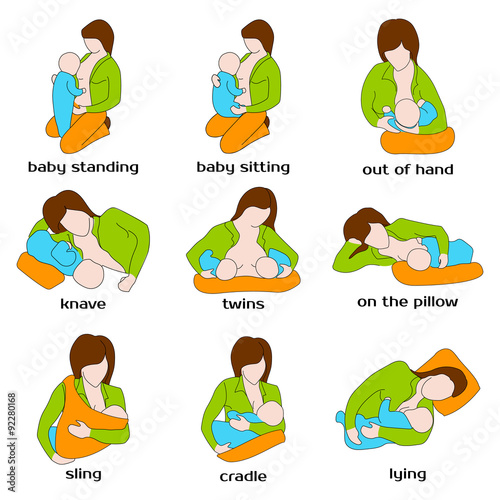 Poses for breastfeeding. Woman breastfeeding a child in