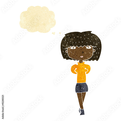 cartoon shy woman with thought bubble