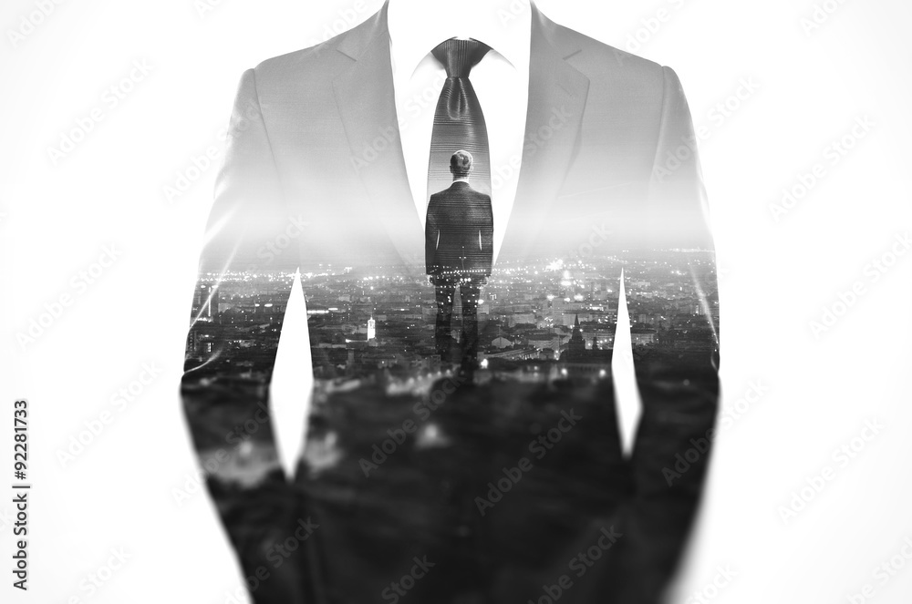 Double exposure concept with business man in modern suit - obrazy, fototapety, plakaty 
