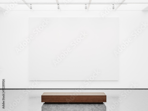 Mock up of gallery interior with white canvas. 3d render photo