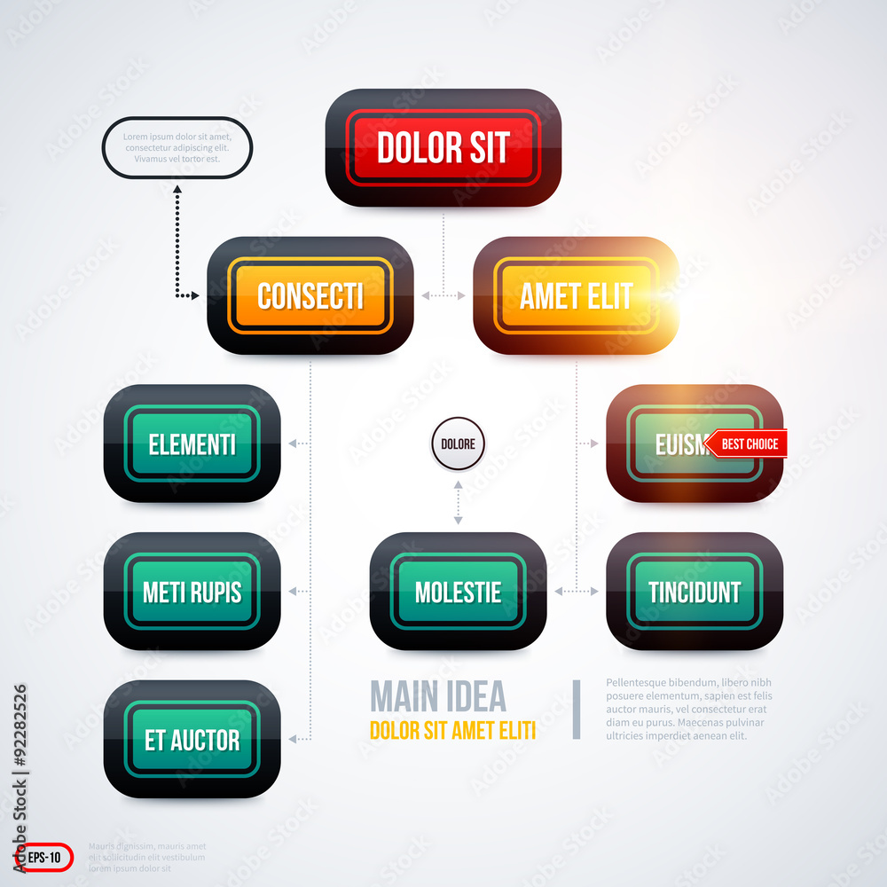 Modern organization chart template with glowing lights on white background. EPS10