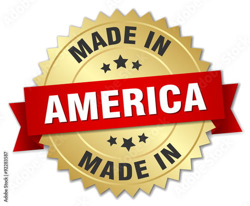 made in America gold badge with red ribbon