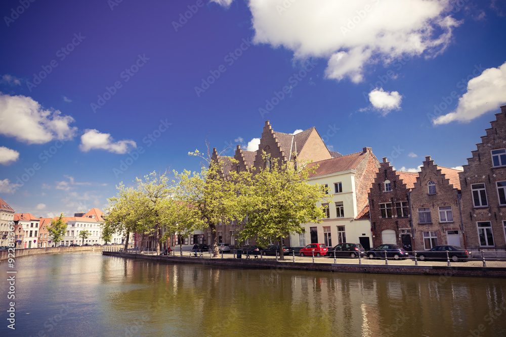 Classic view of channels of Bruges. Belgium