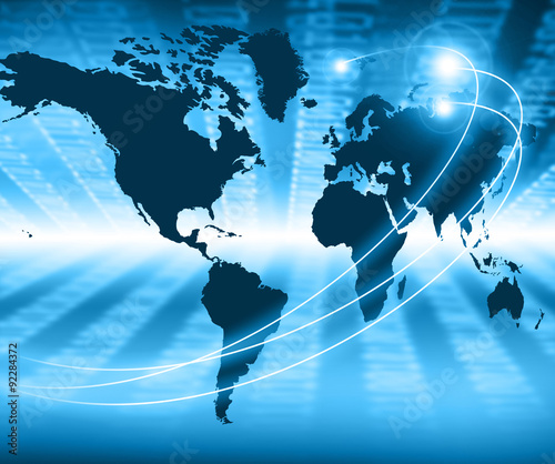 World map on a technological background, glowing lines symbols