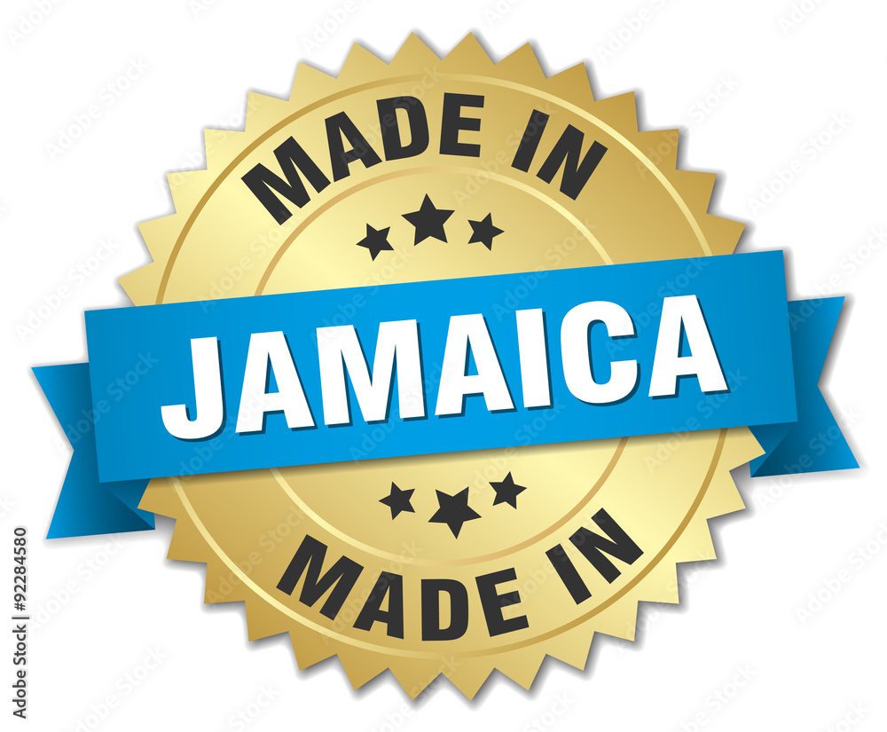 made in Jamaica gold badge with blue ribbon