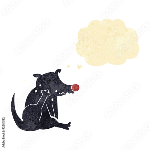 cartoon dog scratching with thought bubble