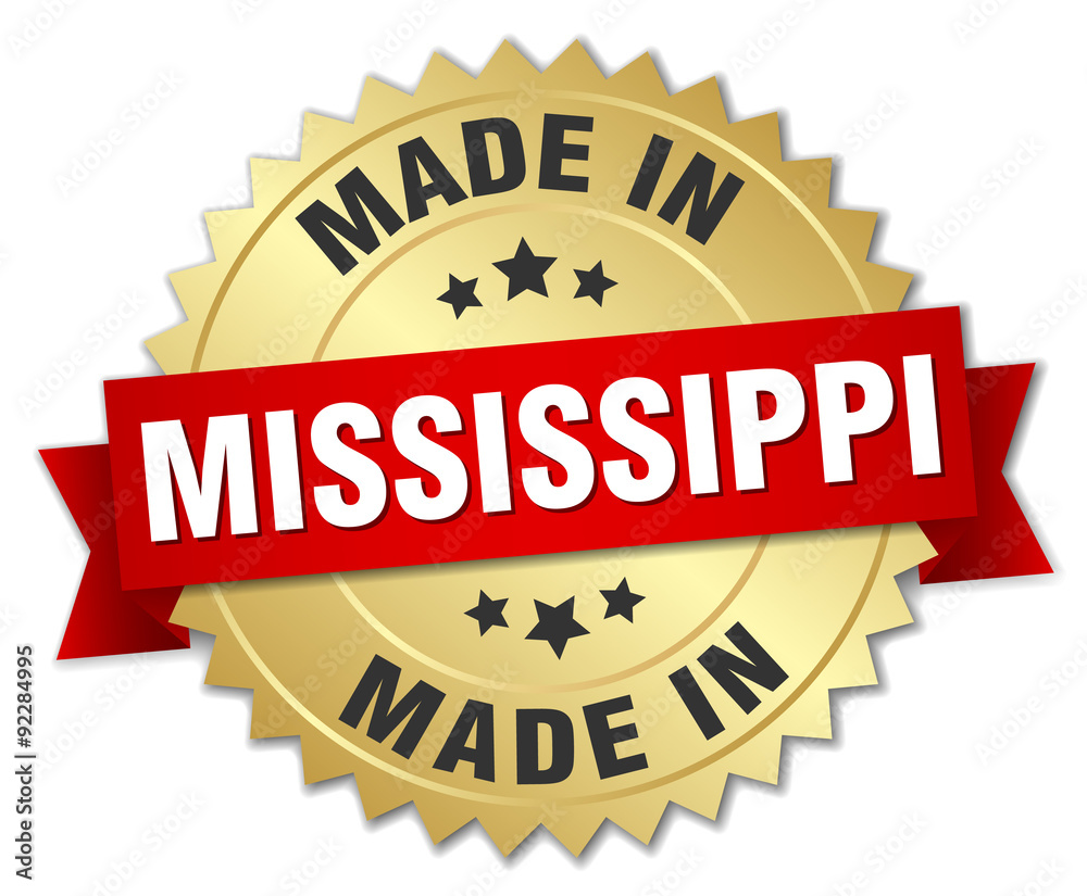 made in Mississippi gold badge with red ribbon made in Mississippi gold badge with red ribbon