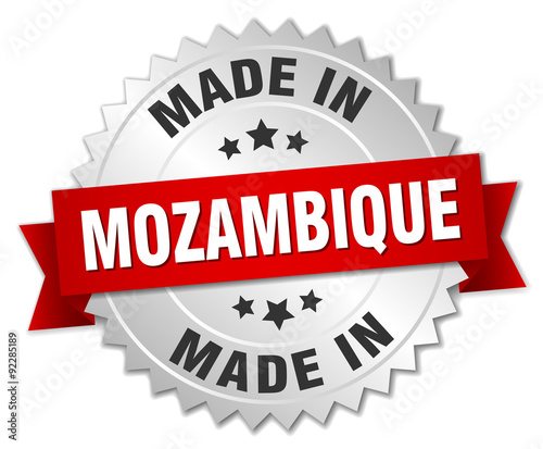 made in Mozambique silver badge with red ribbon