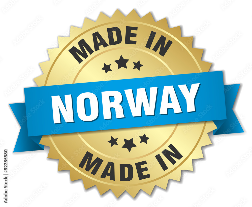 made in Norway gold badge with blue ribbon