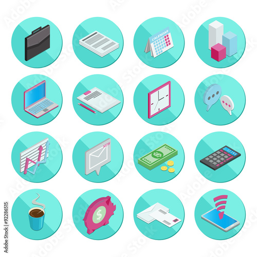 Isometric flat style design colorful business and office icons