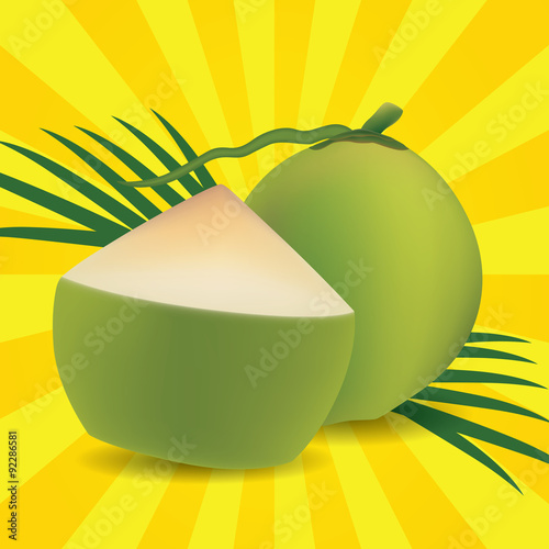 Young green coconut on sun backgrounds