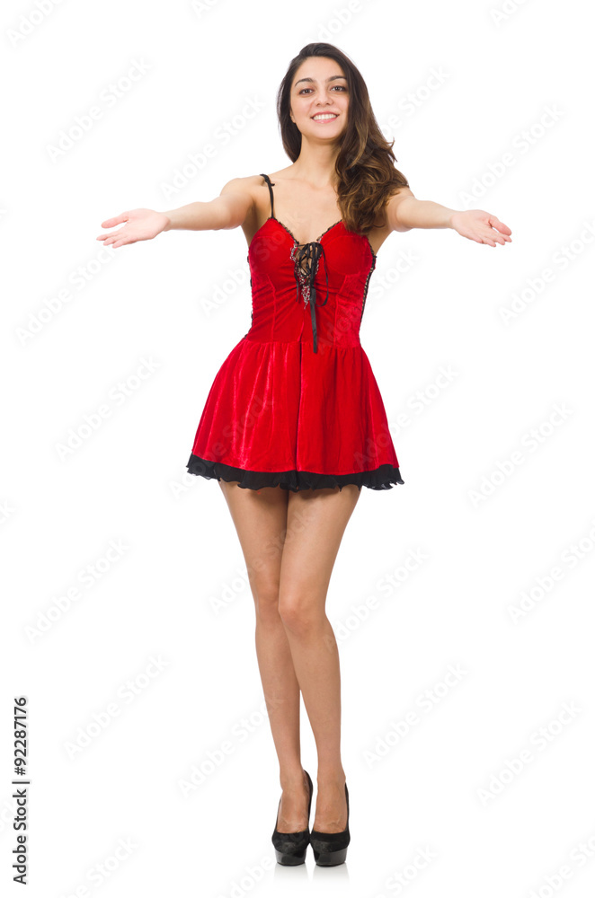 Woman wearing short mini red dress isolated on white Woman wearing short mini red dress isolated on white