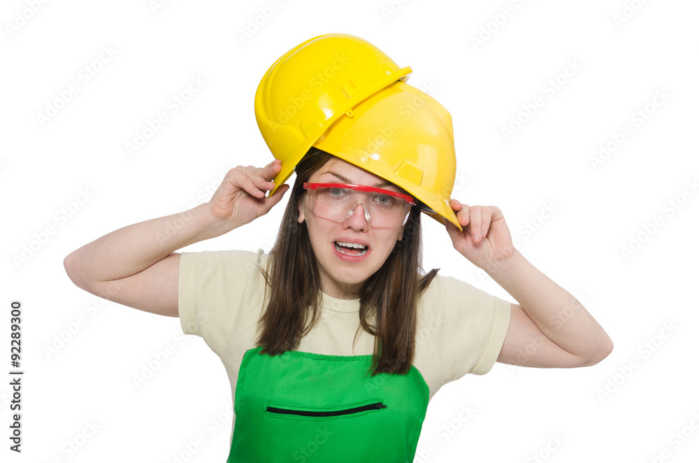 Female worker wearing coverall isolated on white