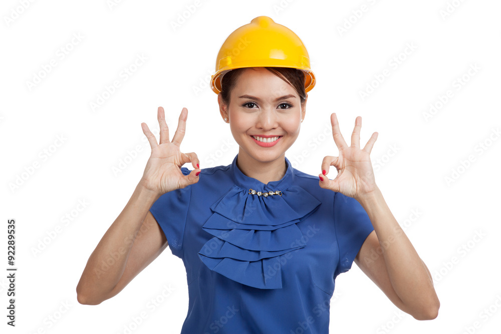 Asian engineer woman show OK with both hands
