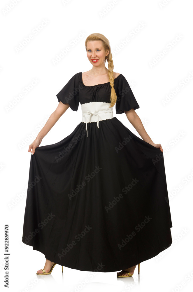 Tall woman in long black dress isolated on white Tall woman in long black dress isolated on white