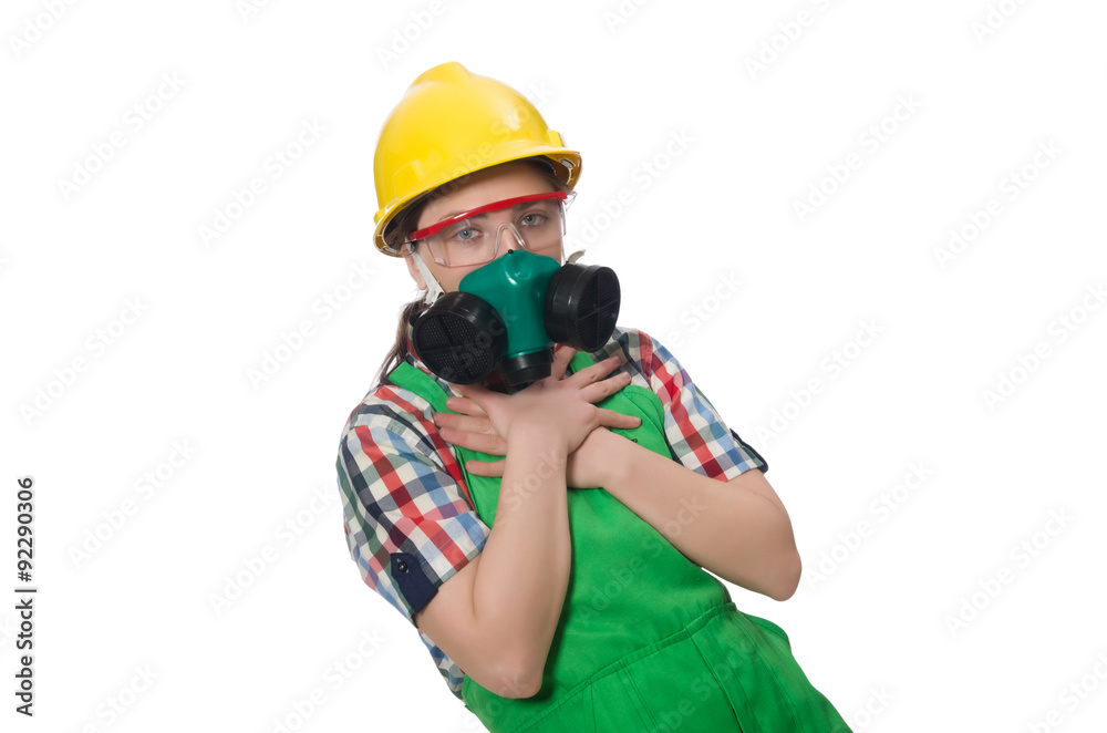 Female worker wearing coverall and gas mask isolated on white Female worker wearing coverall and gas mask isolated on white