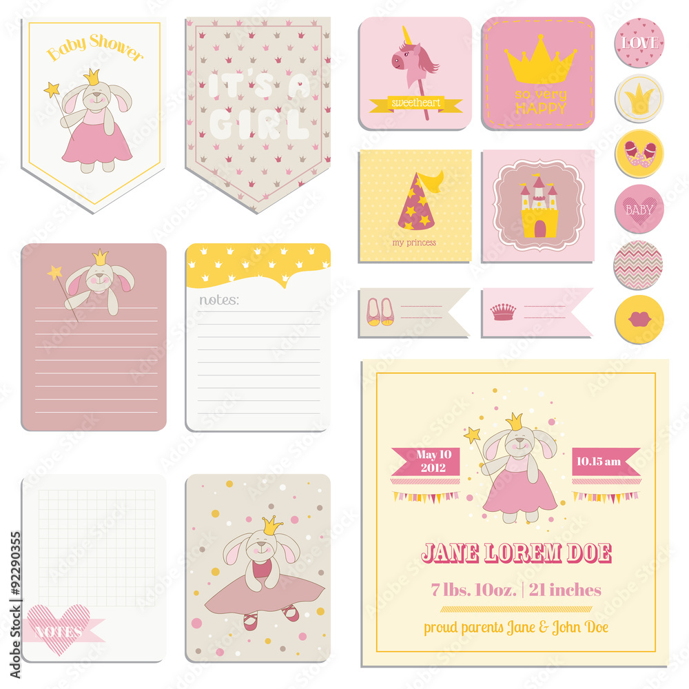 Fototapeta premium Baby Shower Girl Set - Tags, Banners, Labels, Cards - in vector