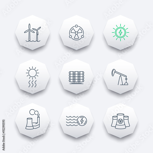 
Power, energy production, energetics, solar, nuclear energy, linear octagon icons, vector illustration