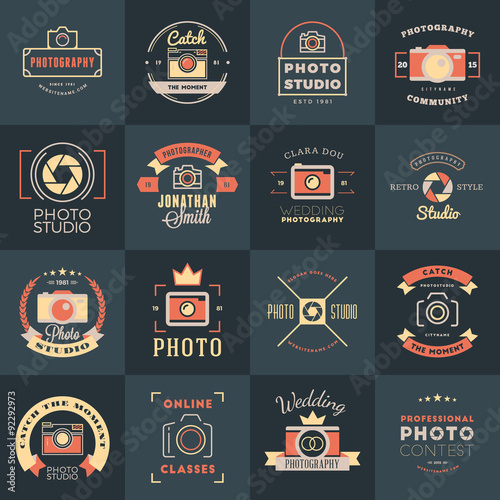 Vector Set of Photography Logo Design Templates. Photography Retro Vintage Badges and Labels.  Wedding Photography. Photo Studio. Camera Shop. Photography Community