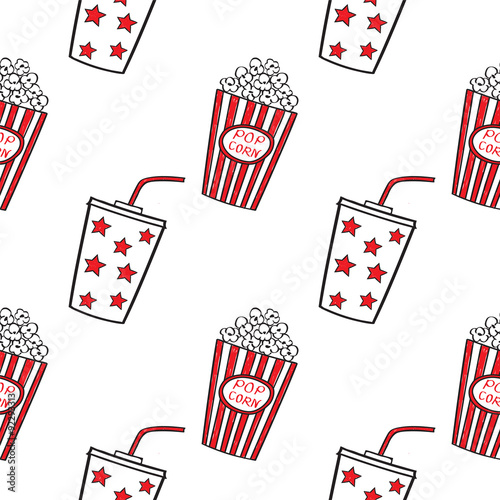 Popcorn and drink doodle vector, seamless.