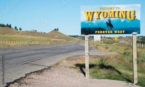 Highway sign indicating the border of Wyoming, looking east from South Dakota on Highway 24 (Wyoming)/Highway 34 (South Dakota)