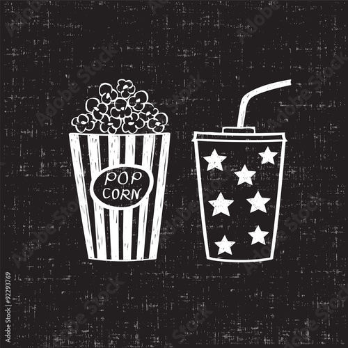 Popcorn and drink, isolated vector illustration. Cinema icons doodle 