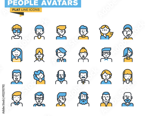 Flat line icons set of people stylish avatars for profile page, social network, social media, different age man and woman characters, professional human occupation.